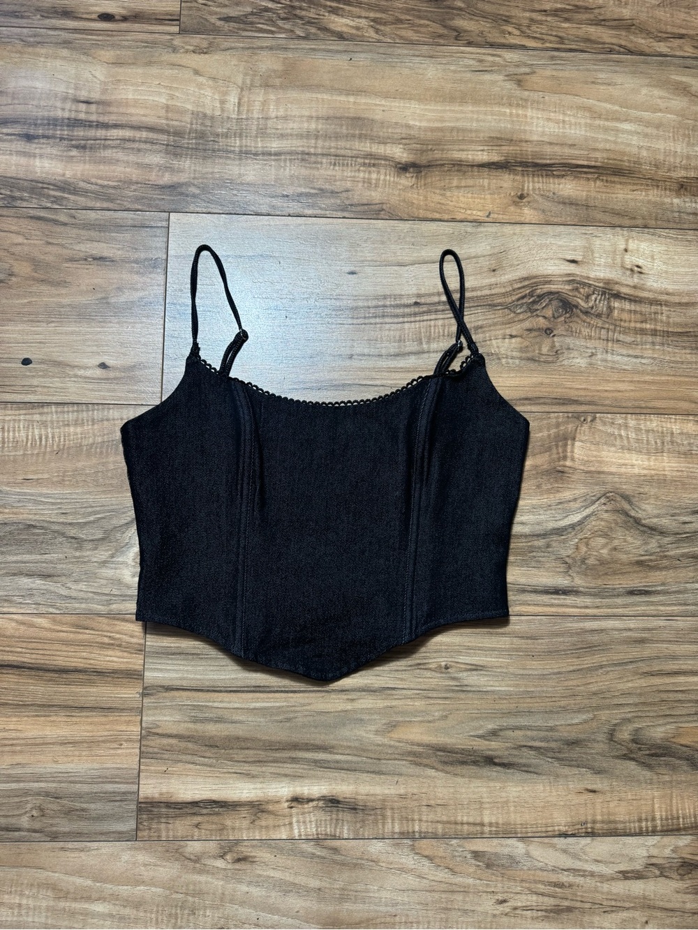 White Fox black denim corset top with lace trim and adjustable straps. Size M
